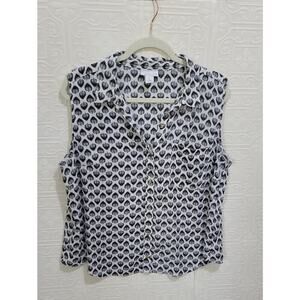 Liz Claiborne Sleeveless Button-Down Women's Shirt in Black & White Leaf Print L